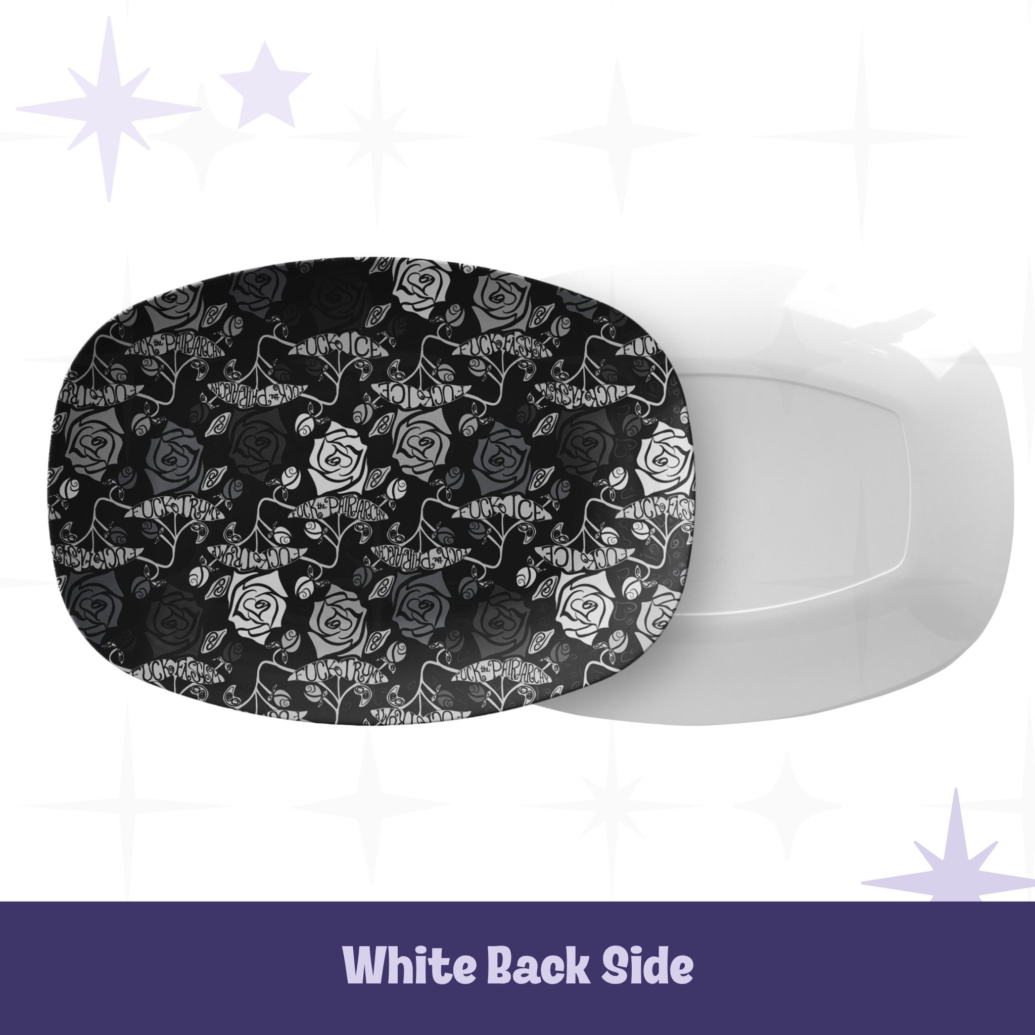 Front and back view of feminist hidden profanity serving platter showing gothic rose pattern on face and clean white reverse side