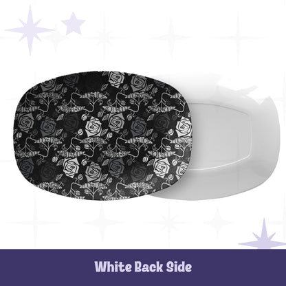 Front and back view of feminist hidden profanity serving platter showing gothic rose pattern on face and clean white reverse side