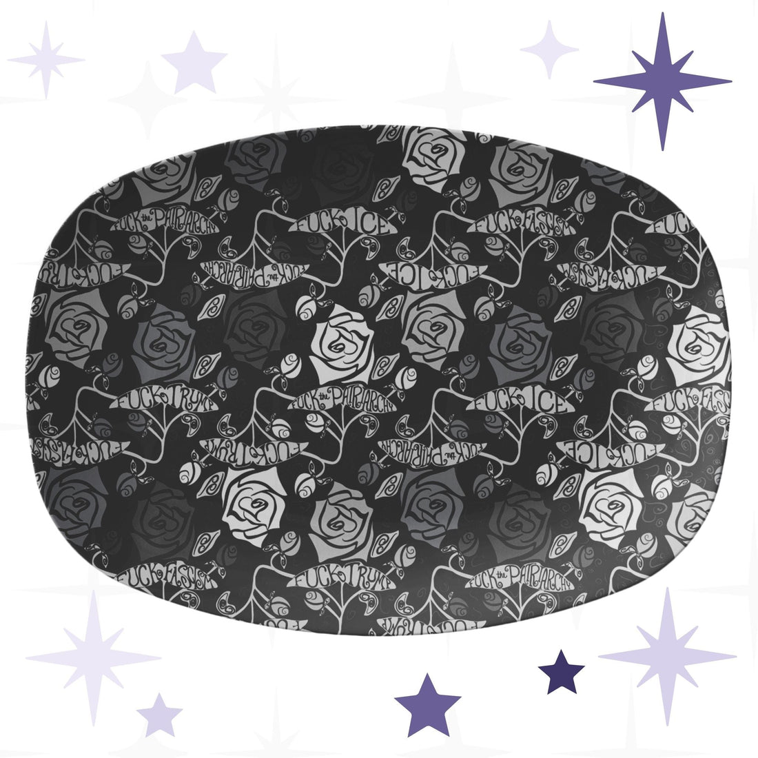 Feminist hidden profanity gothic rose serving platter on white background with decorative stars showing full oval shape and dark floral pattern