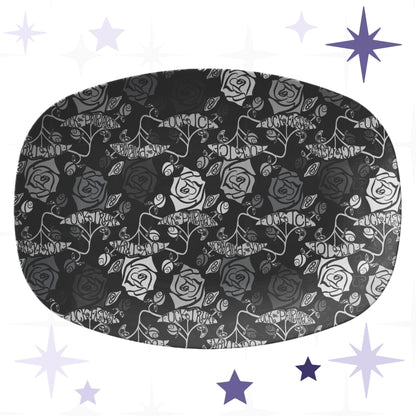 Feminist hidden profanity gothic rose serving platter on white background with decorative stars showing full oval shape and dark floral pattern