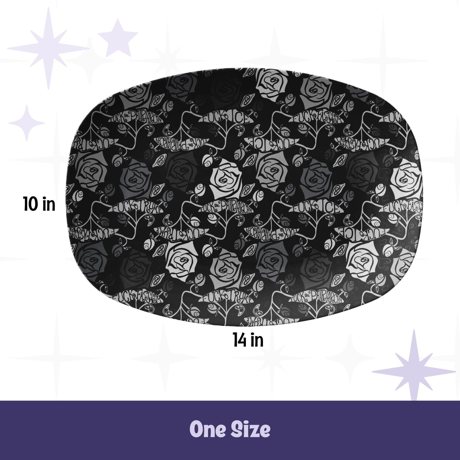 Feminist hidden profanity serving platter showing 10 by 14 inch dimensions with size measurements labeled one size