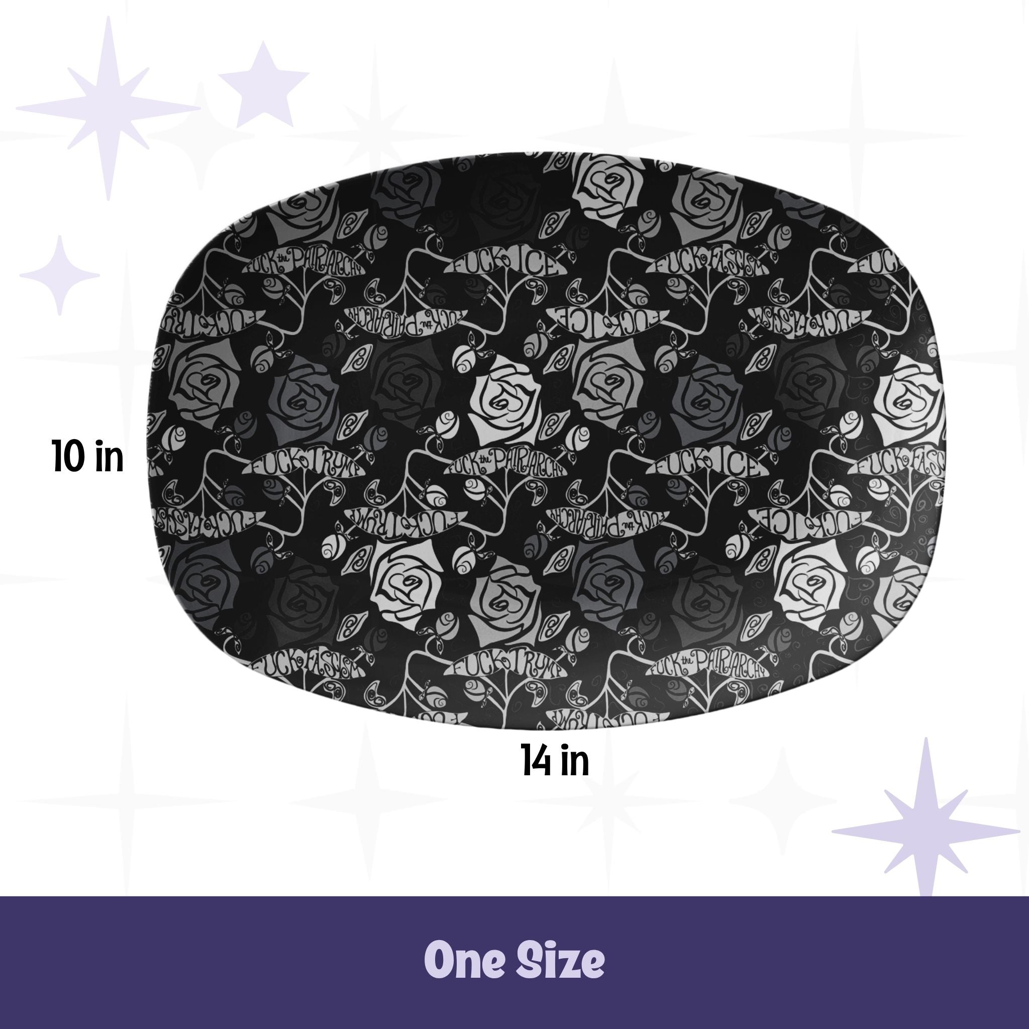Feminist hidden profanity serving platter showing 10 by 14 inch dimensions with size measurements labeled one size