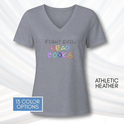fight-evil-read-books-ladies-v-neck-tshirt-colorful-literacy-graphic-tee-bookish-apparel-bibliophile-teacher-gift-athletic-heather