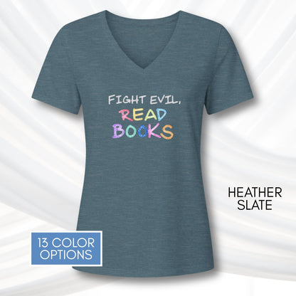 fight-evil-read-books-ladies-v-neck-tshirt-colorful-literacy-graphic-tee-bookish-apparel-bibliophile-teacher-gift-heather-slate
