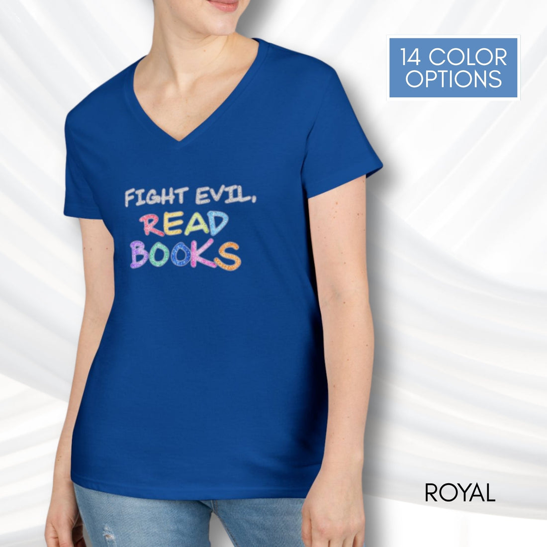 fight-evil-read-books-ladies-v-neck-tshirt-colorful-literary-graphic-tee-bookish-apparel-bibliophile-gift-royal