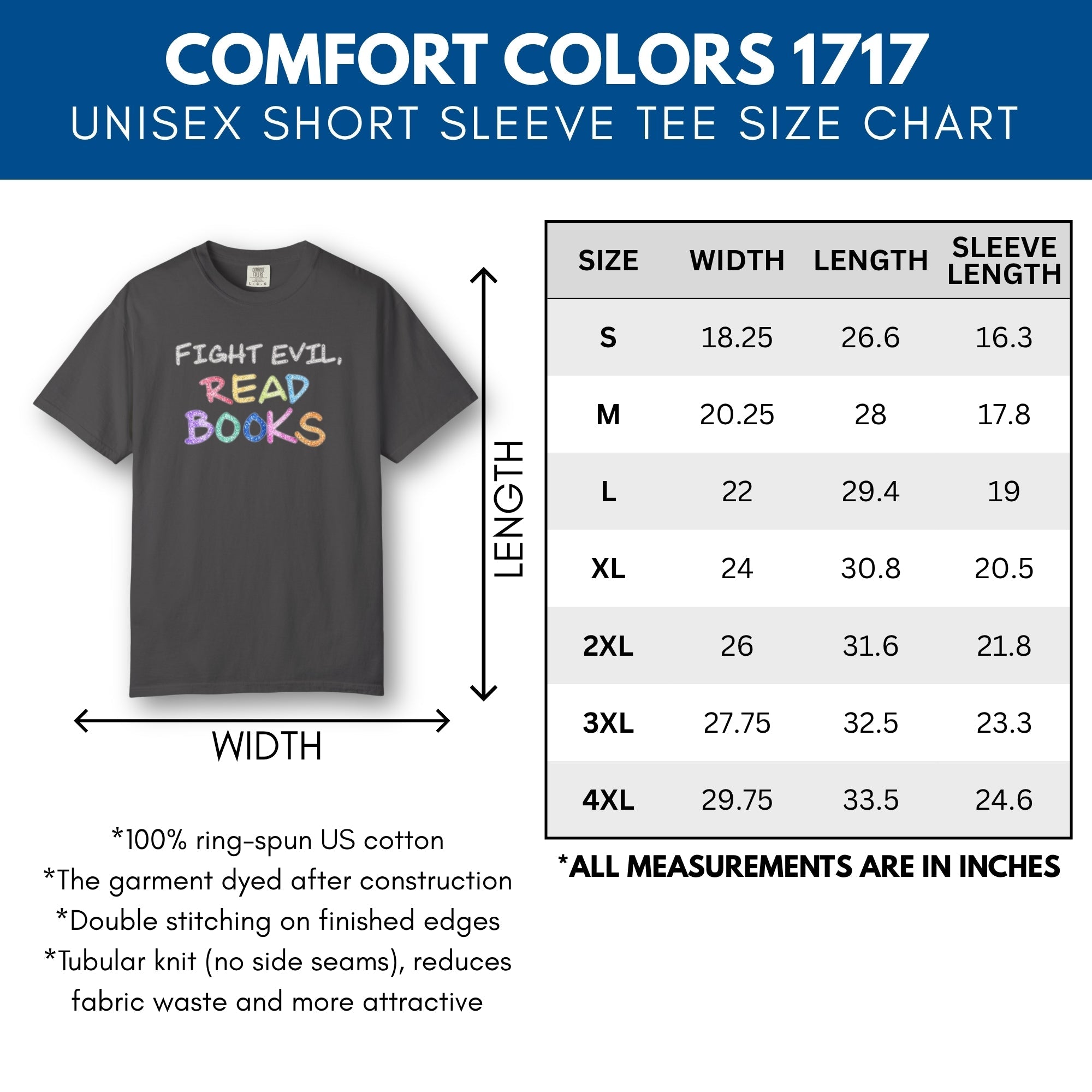fight-evil-read-books-unisex-tshirt-colorful-literary-graphic-tee-bookish-apparel-comfort-colors-size-chart
