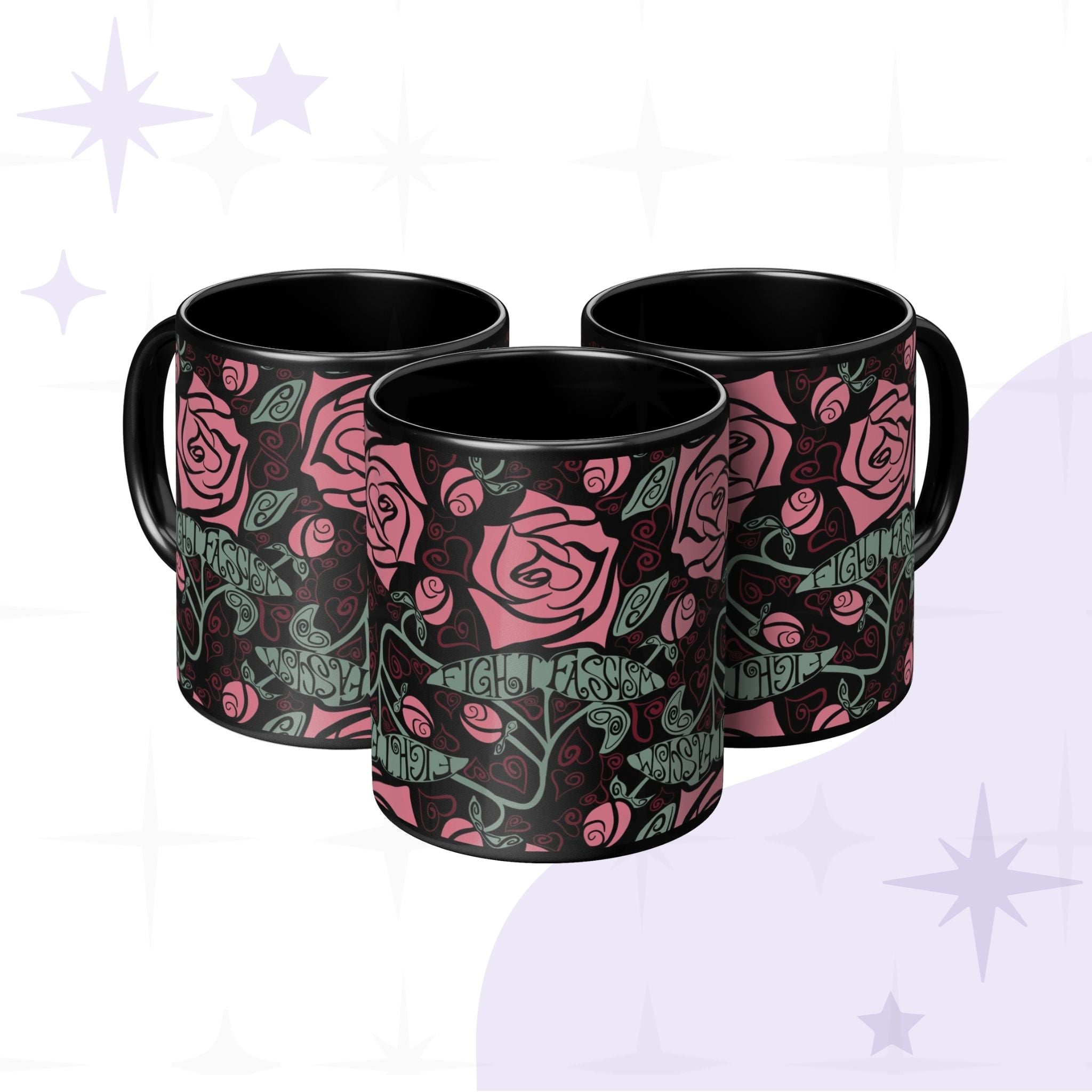 Fight Fascism coffee mug shown from three angles revealing the full Art Nouveau rose wrap print and hand-lettered hidden fascism message on black ceramic