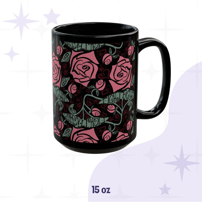 15oz Fight Fascism black ceramic mug with warm pink Art Nouveau rose wrap print and hand-lettered anti-fascist message in vine stems, handle facing right