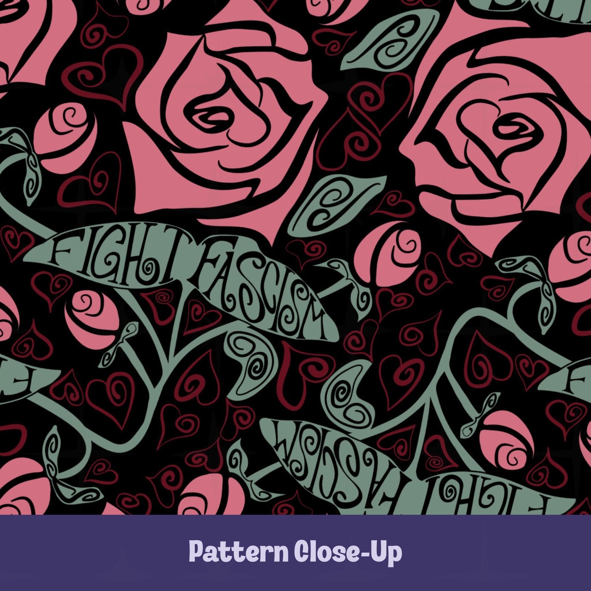 Close-up of Fight Fascism mug pattern showing warm pink Art Nouveau roses and sage green vine stems with Fight Fascism hand lettering woven into the plant forms