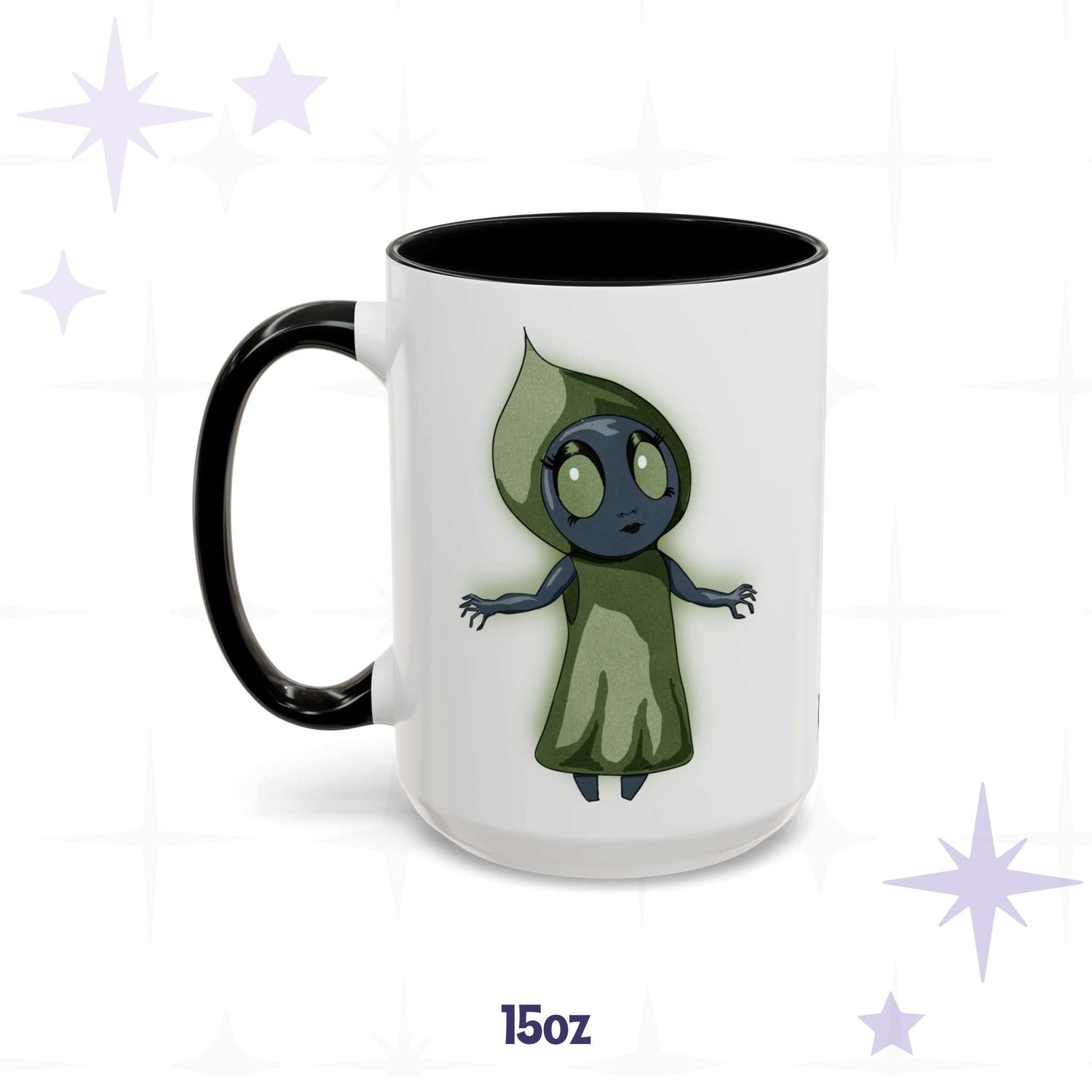Cute Flatwoods Monster cryptid mug in 15 oz, white with black accent handle and rim