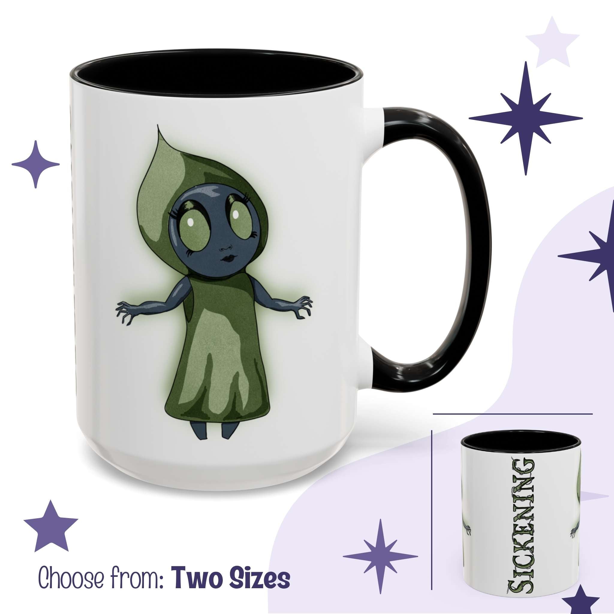Cute Flatwoods Monster cryptid mug in white with black handle, chibi hooded figure with SICKENING reveal inset, two sizes
