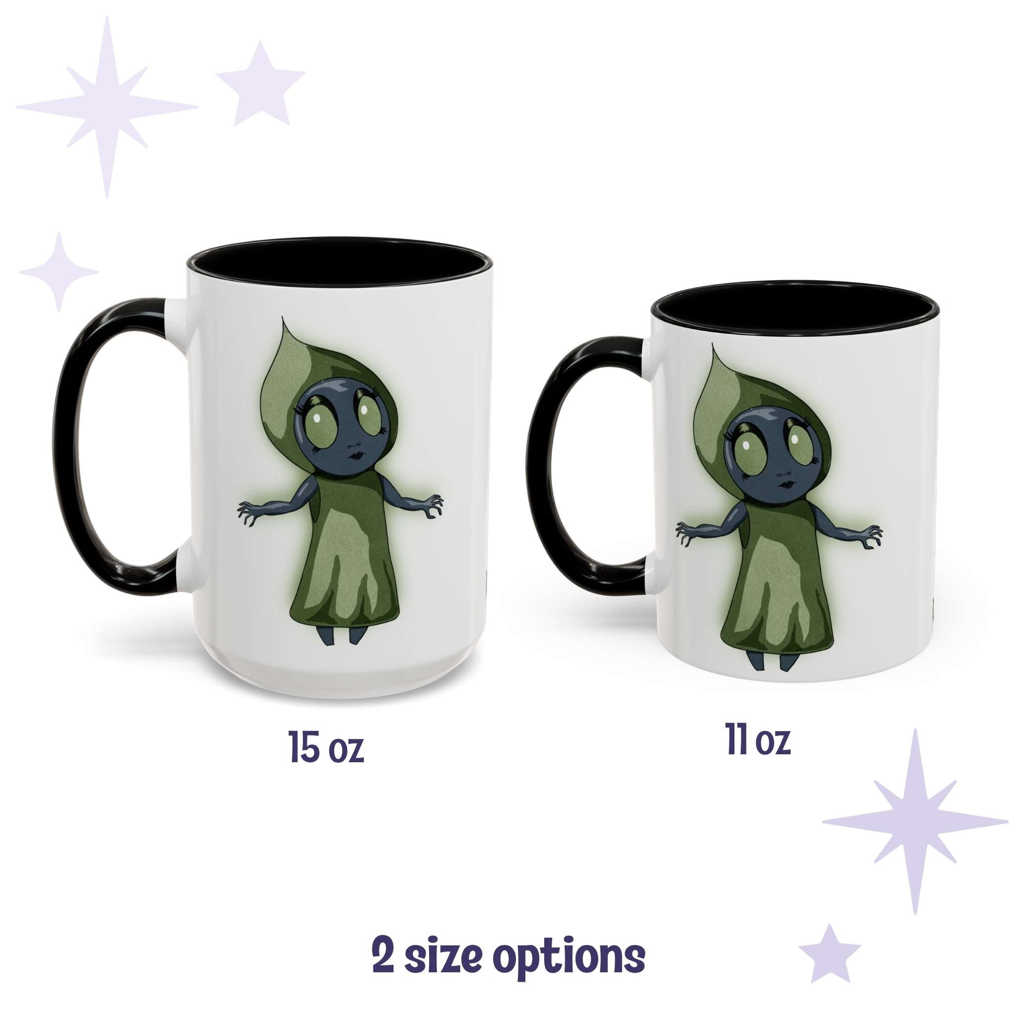 Chibi Flatwoods Monster cryptid mug shown in 15 oz and 11 oz, white ceramic with black interior and handle
