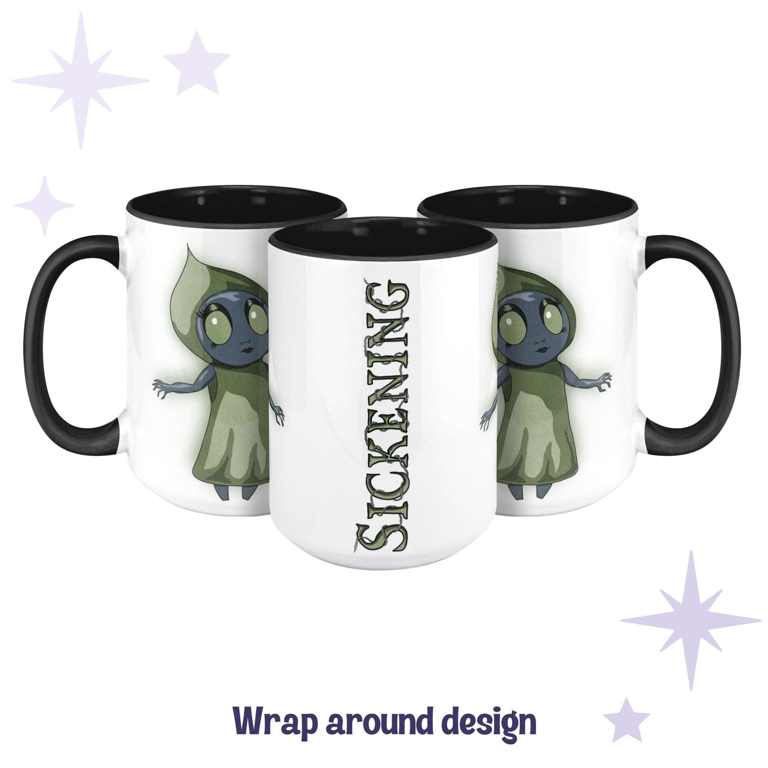 Chibi Flatwoods Monster mug shown across three angles as a wrap-around design with SICKENING in swamp-green lettering