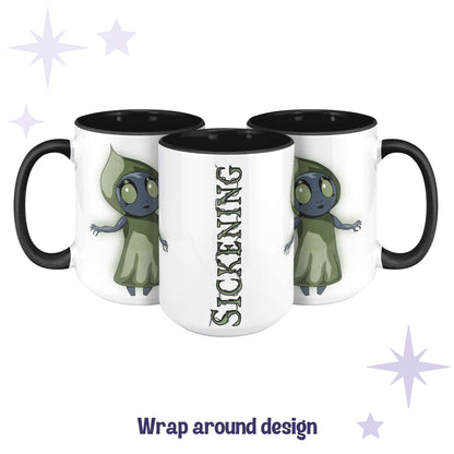 Chibi Flatwoods Monster mug shown across three angles as a wrap-around design with SICKENING in swamp-green lettering