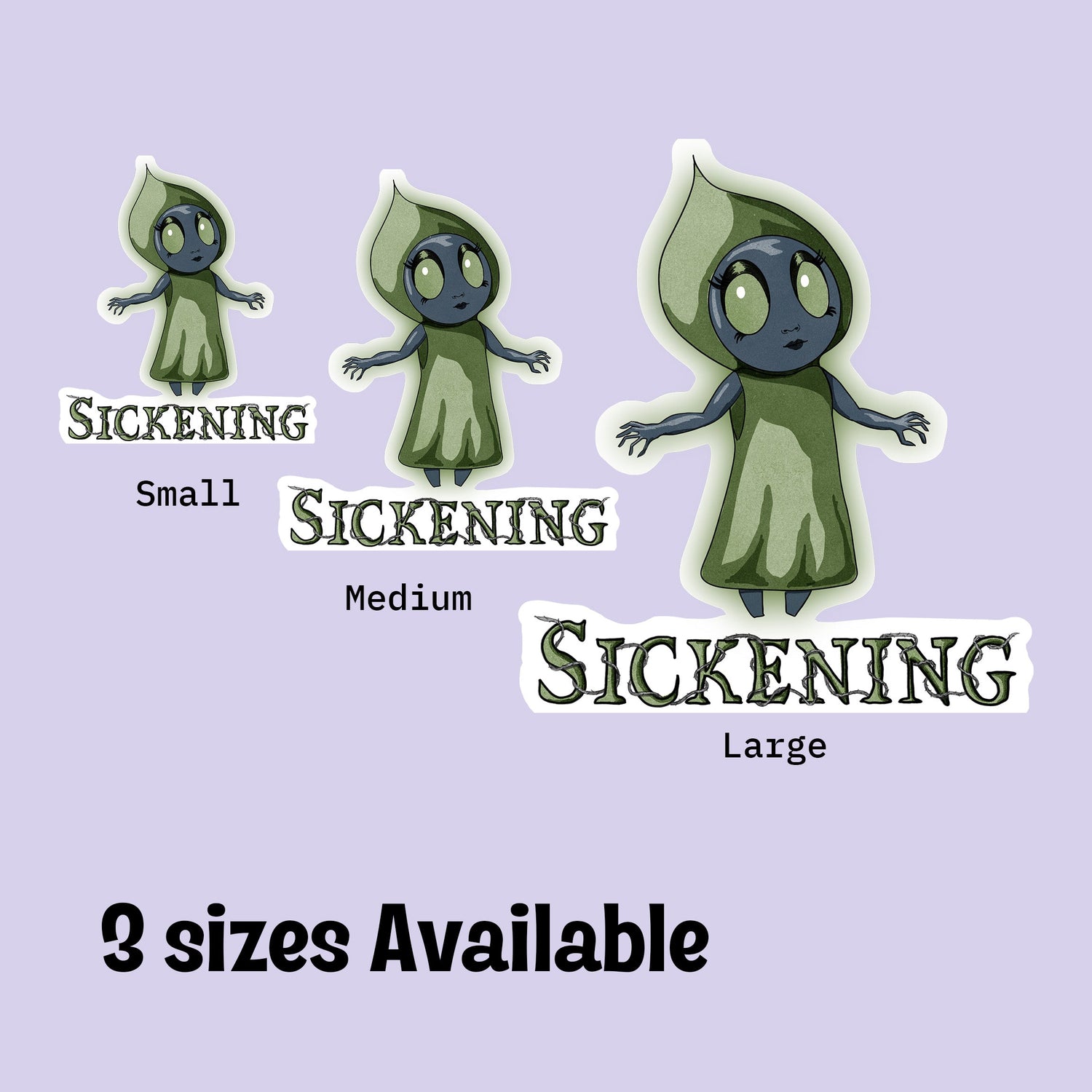 Chibi Flatwoods Monster cryptid sticker shown in small, medium, and large sizes on a lavender background