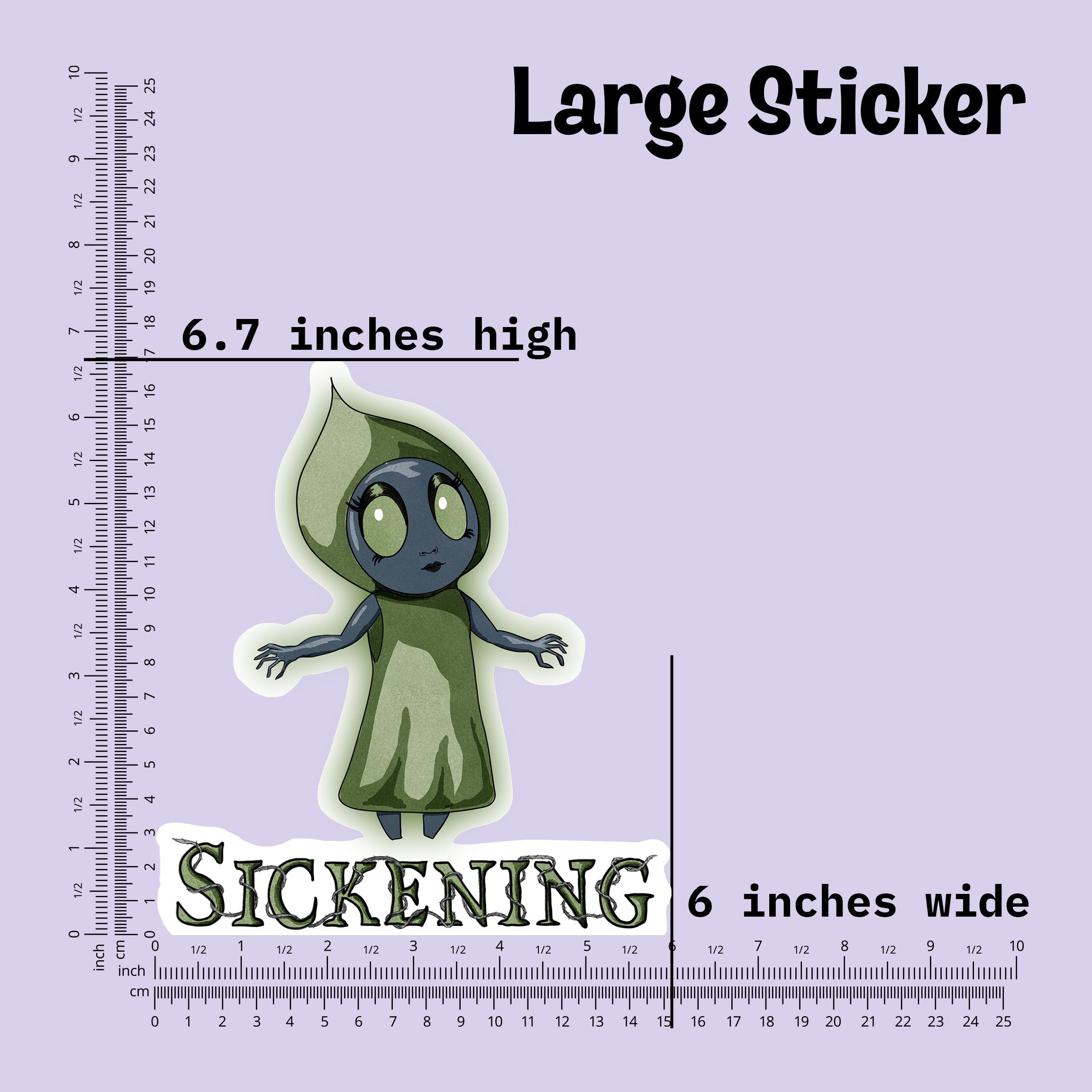 Chibi Flatwoods Monster cryptid sticker shown at large size, 6.7 inches high and 6 inches wide