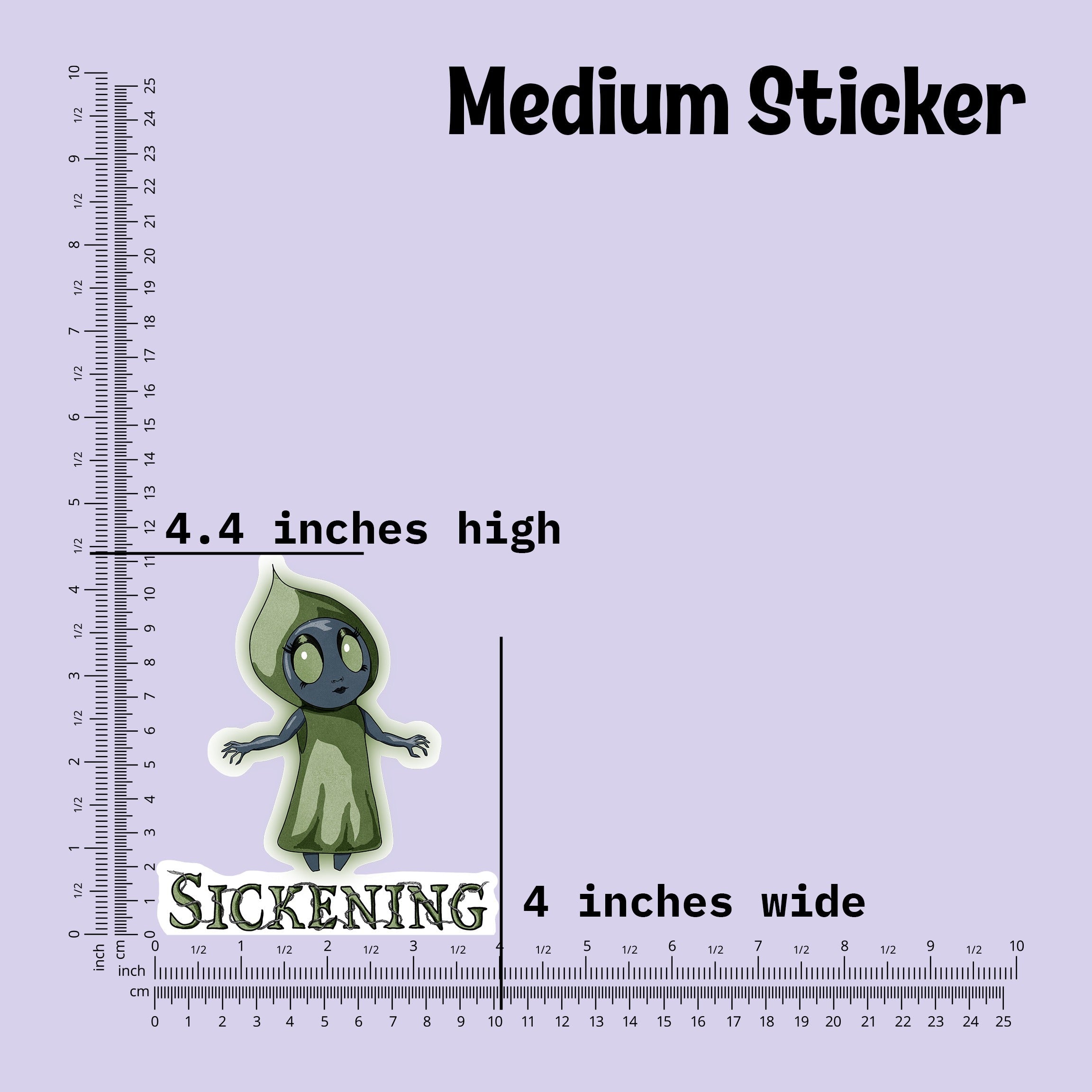 Medium Flatwoods Monster sticker measured at 4.4 inches high and 4 inches wide