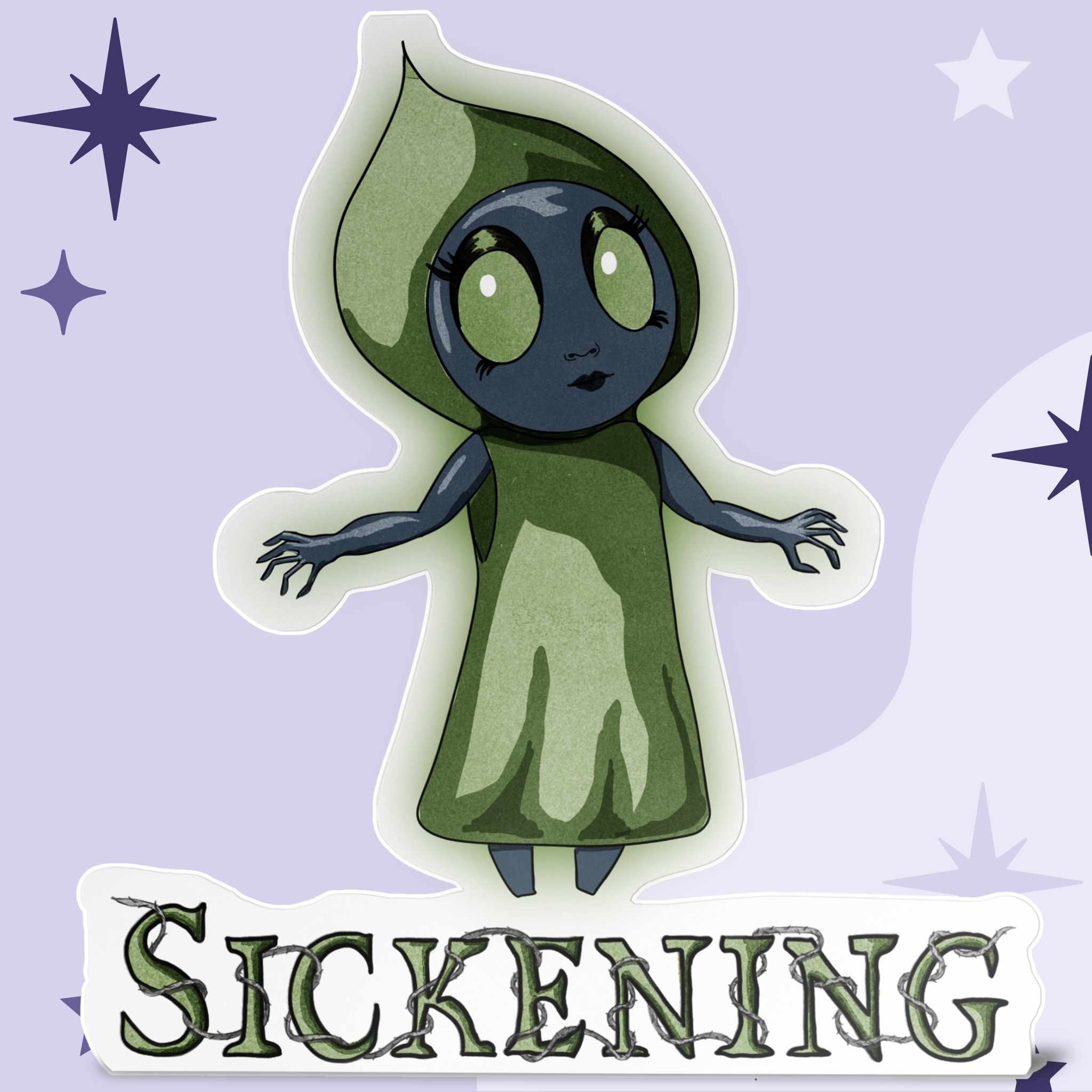 Chibi Flatwoods Monster sticker with spade hood and glowing green eyes above bramble SICKENING lettering on a lavender starry background