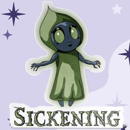 Chibi Flatwoods Monster sticker with spade hood and glowing green eyes above bramble SICKENING lettering on a lavender starry background