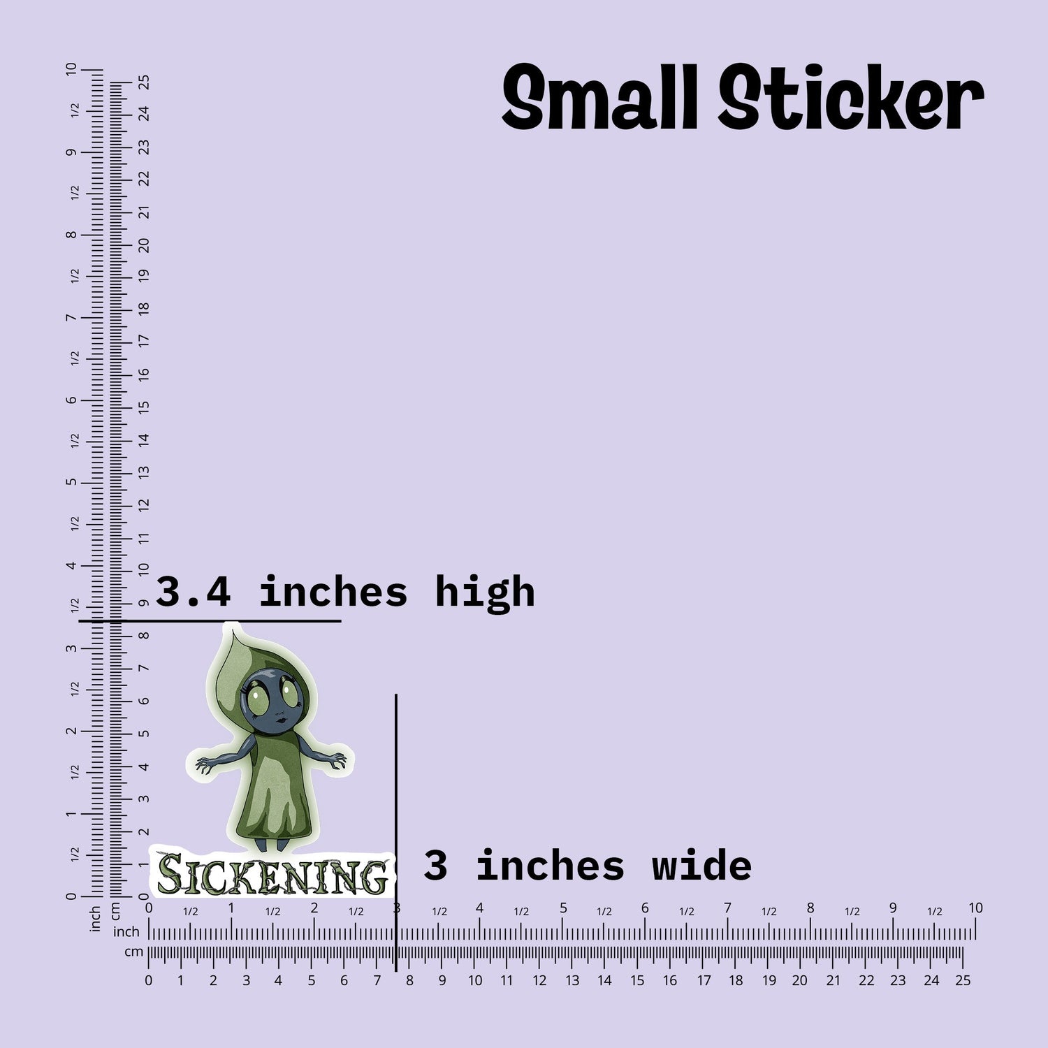 Small Flatwoods Monster sticker measured at 3.4 inches high and 3 inches wide