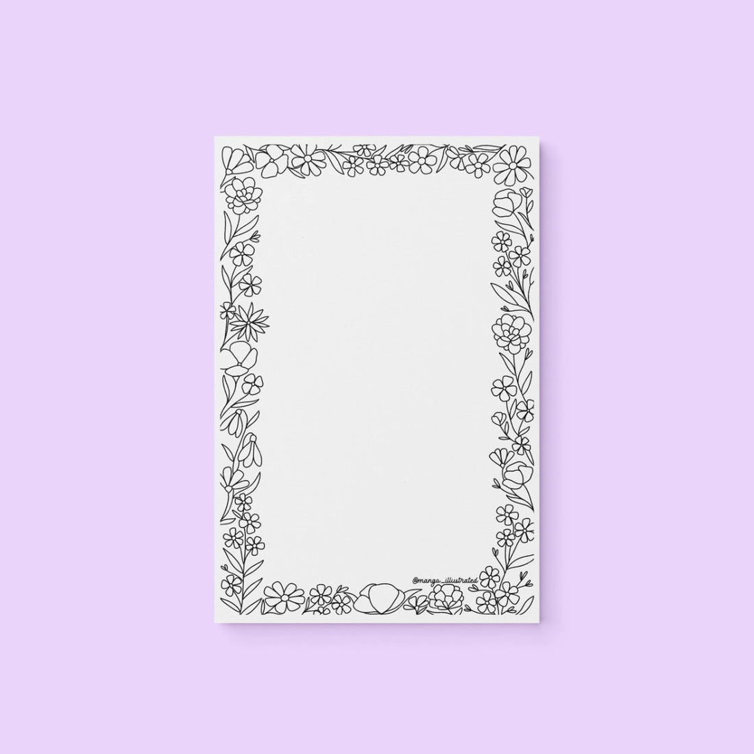 Floral doodles color-in notepad — hand drawn wildflower and leafy stem doodle border, 8.5 x 5.5 inches, by MangoIllustrated