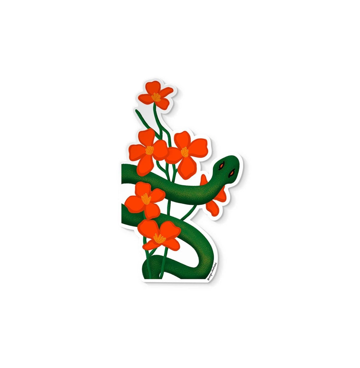 Floral snake sticker flat lay — botanical serpent and red flower vinyl decal by indie artist MangoIllustrated