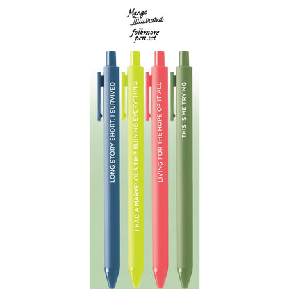Folkmore Pen Set in its cello sleeve with card backing — stationery gift by indie artist MangoIllustrated