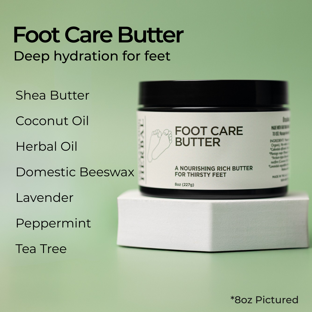 Foot care butter jar with ingredients listed on a green background
