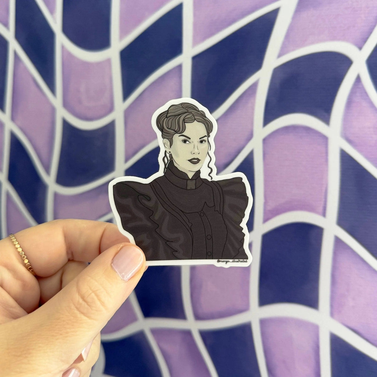 Fortnight Tay sticker flat lay — hand drawn portrait vinyl sticker by indie artist MangoIllustrated