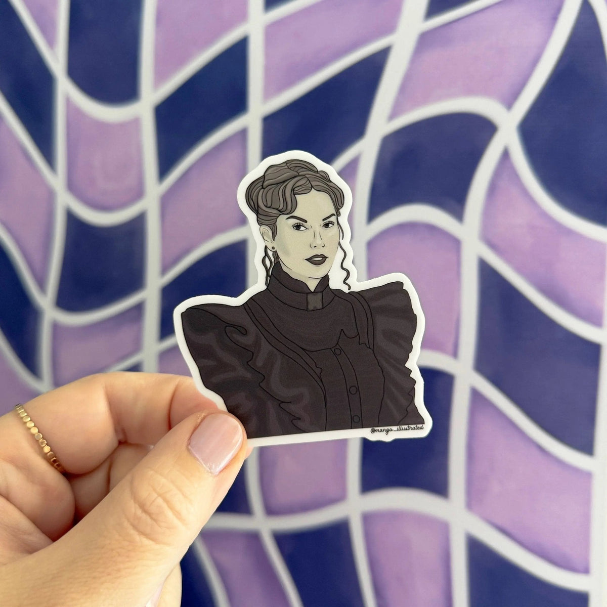 Fortnight Tay sticker close up — hand drawn portrait line work by indie artist MangoIllustrated