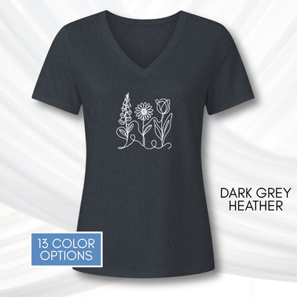 foxglove-daisy-tulip-ladies-bella-canvas-vneck-tshirt-womens-fit-subtle-fdt-flowers-tee-dark-grey-heather
