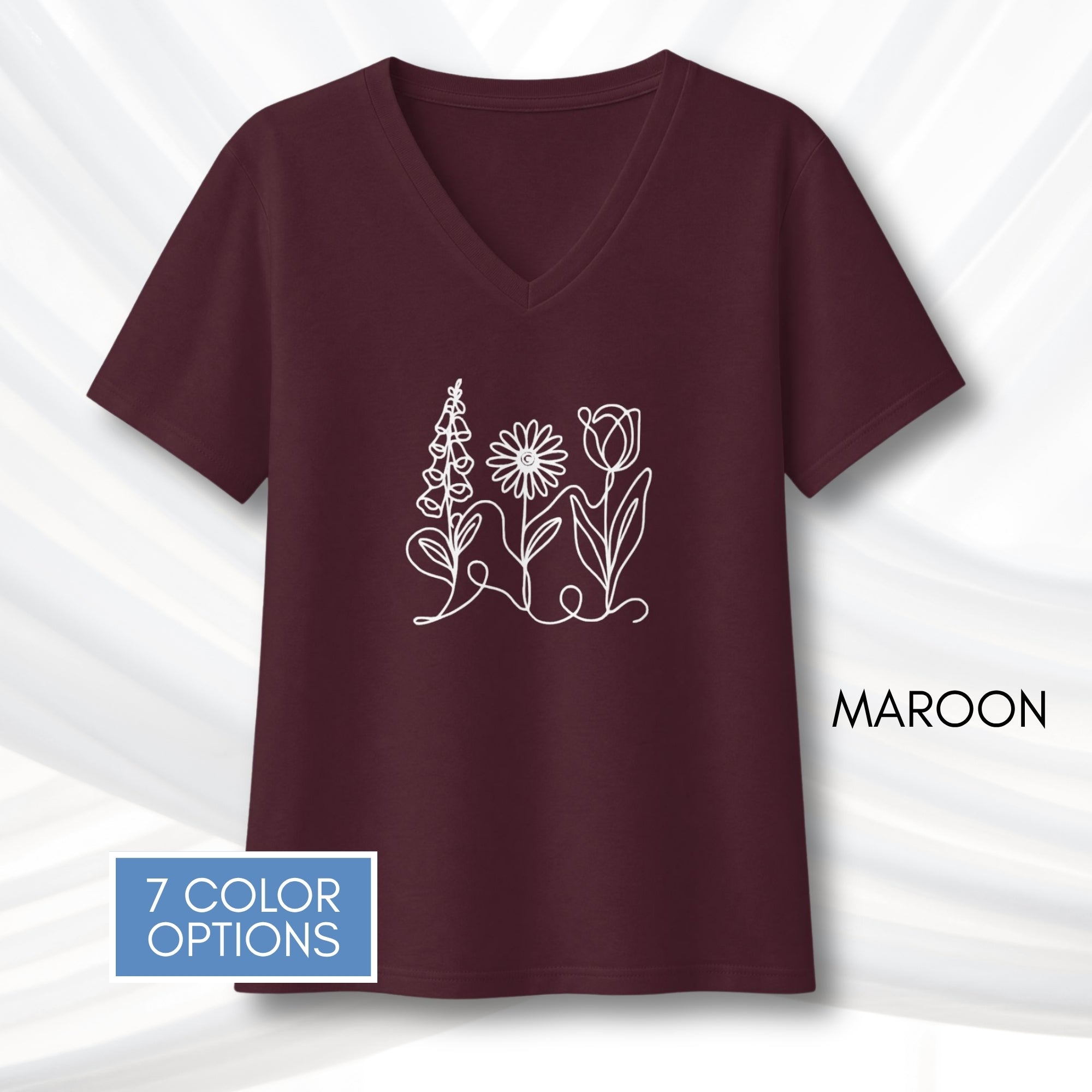 foxglove-daisy-tulip-ladies-bella-canvas-vneck-tshirt-womens-fit-subtle-fdt-flowers-tee-maroon
