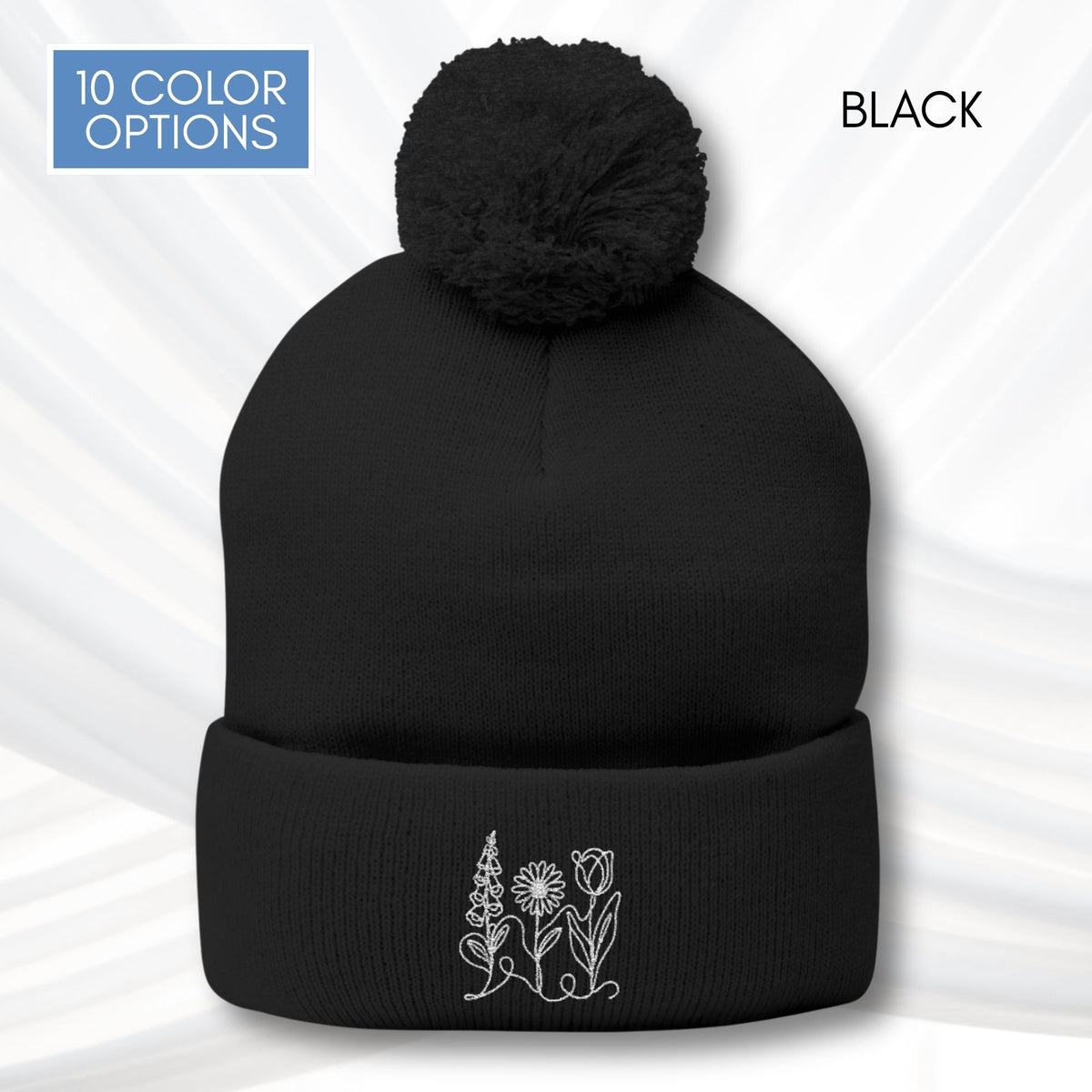 foxglove-daisy-tulip-pom-pom-knit-cap-embroidered-subtle-fdt-flowers-winter-hat-beanie-black