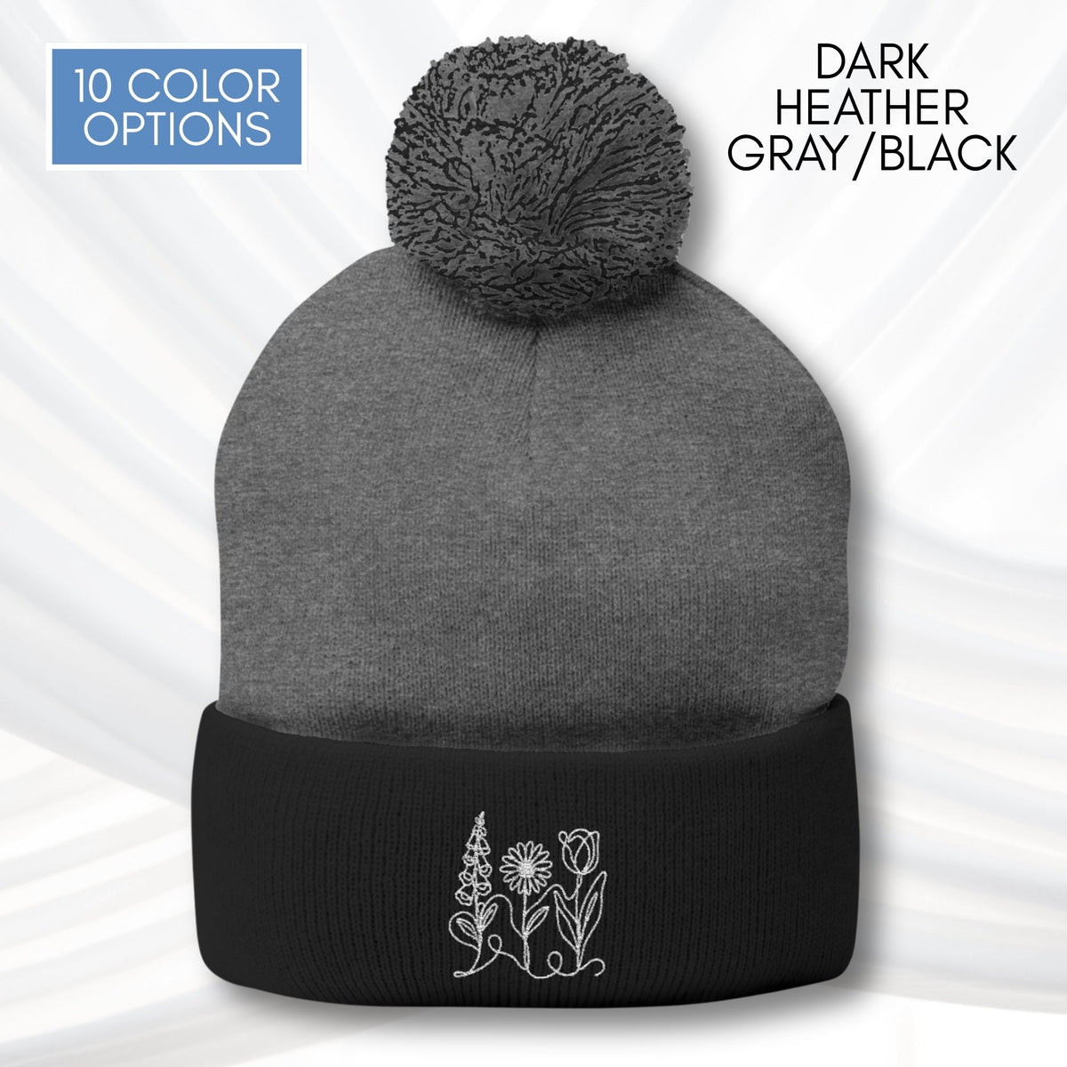 foxglove-daisy-tulip-pom-pom-knit-cap-embroidered-subtle-fdt-flowers-winter-hat-beanie-dark-heather-gray-black