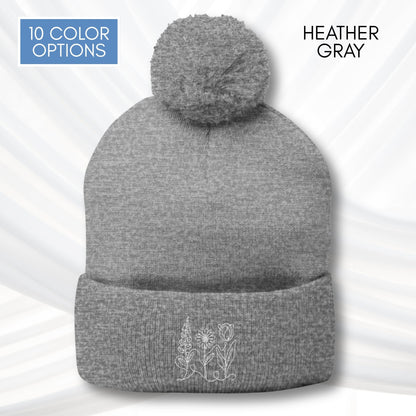 foxglove-daisy-tulip-pom-pom-knit-cap-embroidered-subtle-fdt-flowers-winter-hat-beanie-heather-gray