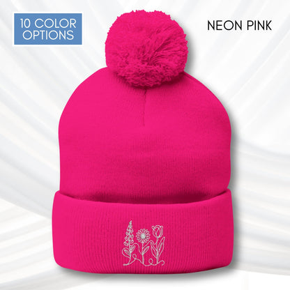foxglove-daisy-tulip-pom-pom-knit-cap-embroidered-subtle-fdt-flowers-winter-hat-beanie-neon-pink