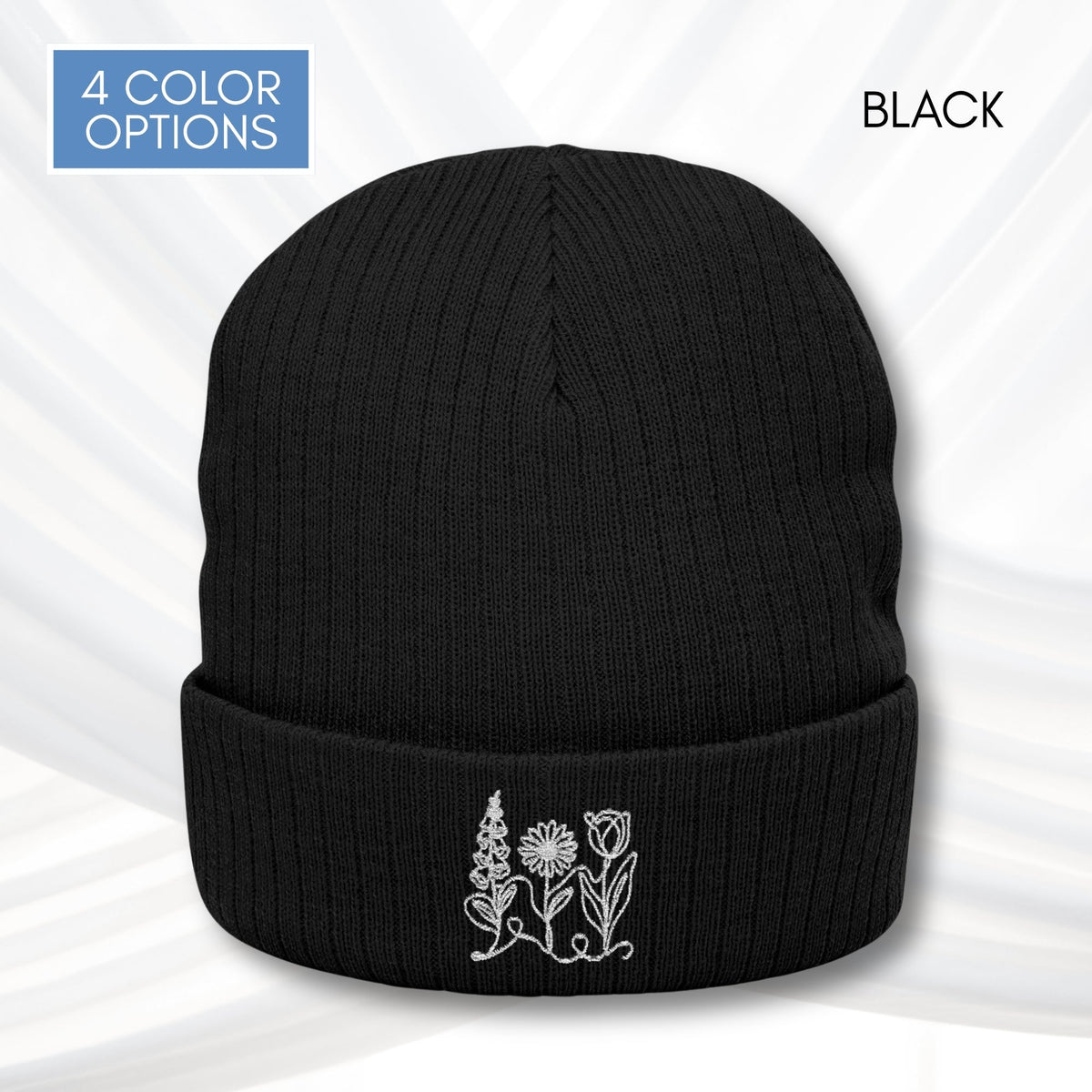 foxglove-daisy-tulip-ribbed-knit-beanie-embroidered-subtle-fdt-flowers-winter-hat-black