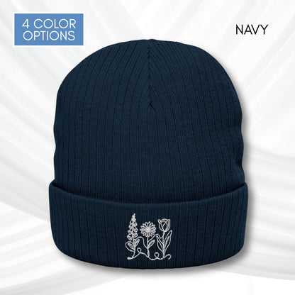 foxglove-daisy-tulip-ribbed-knit-beanie-embroidered-subtle-fdt-flowers-winter-hat-navy