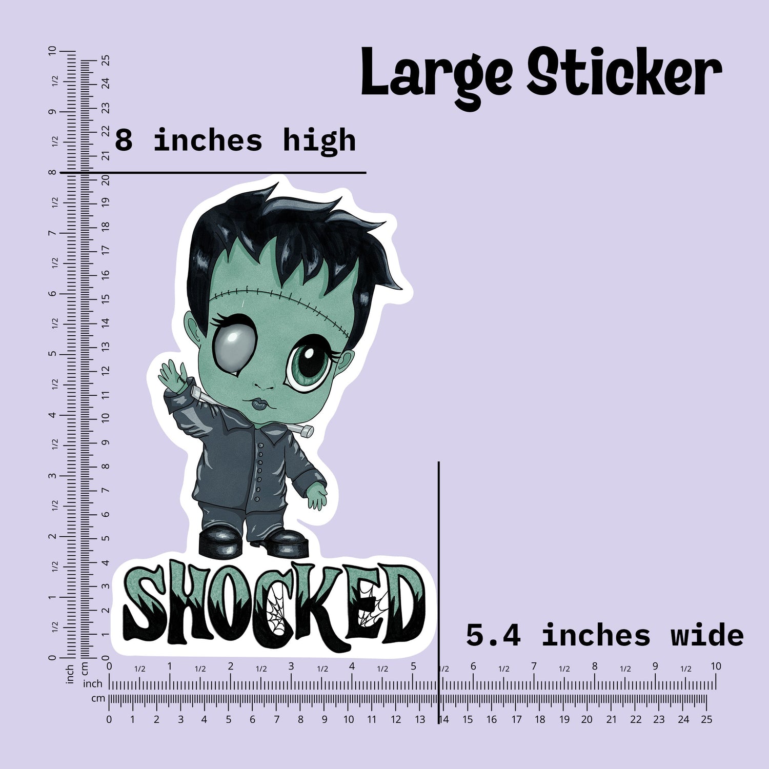 Large Frankenstein sticker measured at 8 inches high and 5.4 inches wide