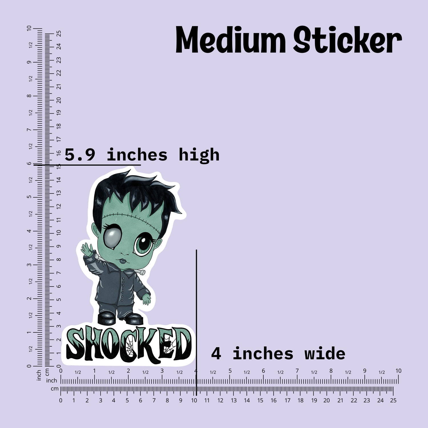 Medium Frankenstein sticker measured at 5.9 inches high and 4 inches wide