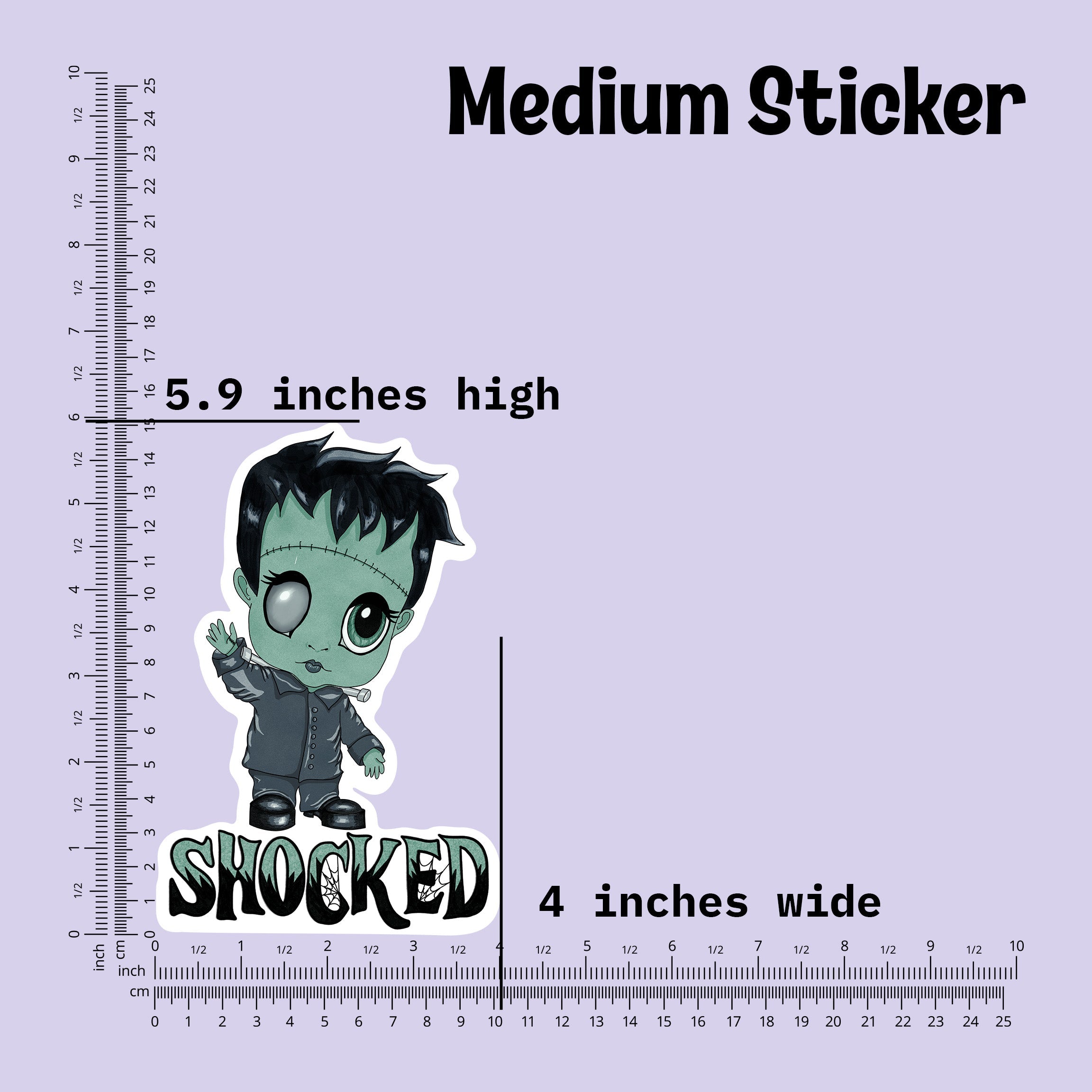 Medium Frankenstein sticker measured at 5.9 inches high and 4 inches wide
