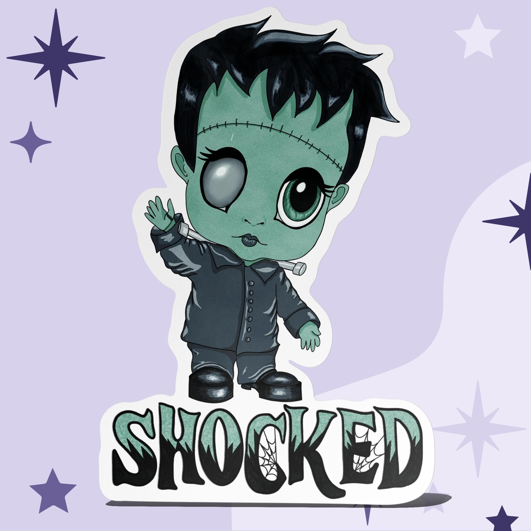 Chibi Frankenstein sticker with mint-green skin and forehead stitches above webbed SHOCKED lettering on a lavender starry background