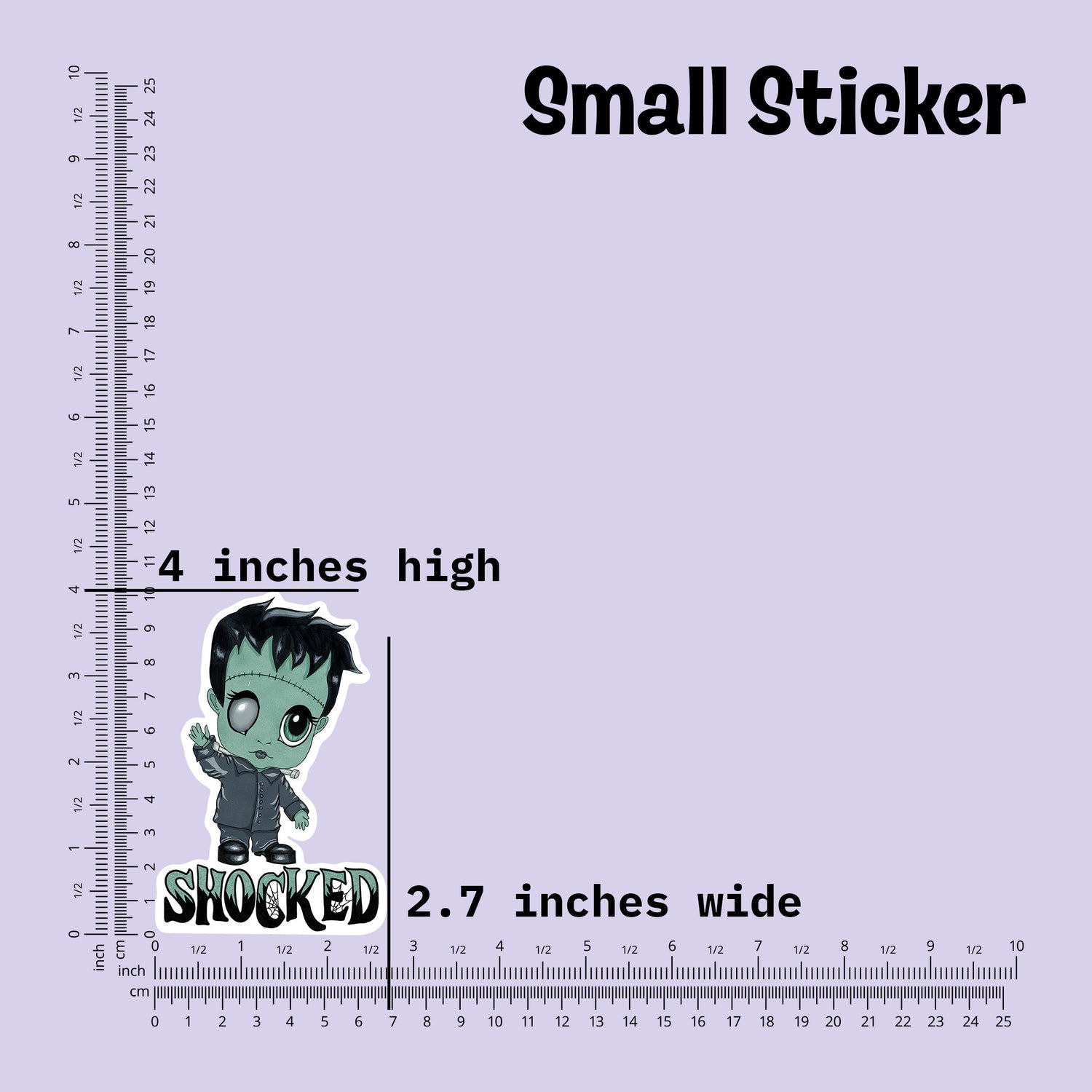 Small Frankenstein sticker measured at 4 inches high and 2.7 inches wide