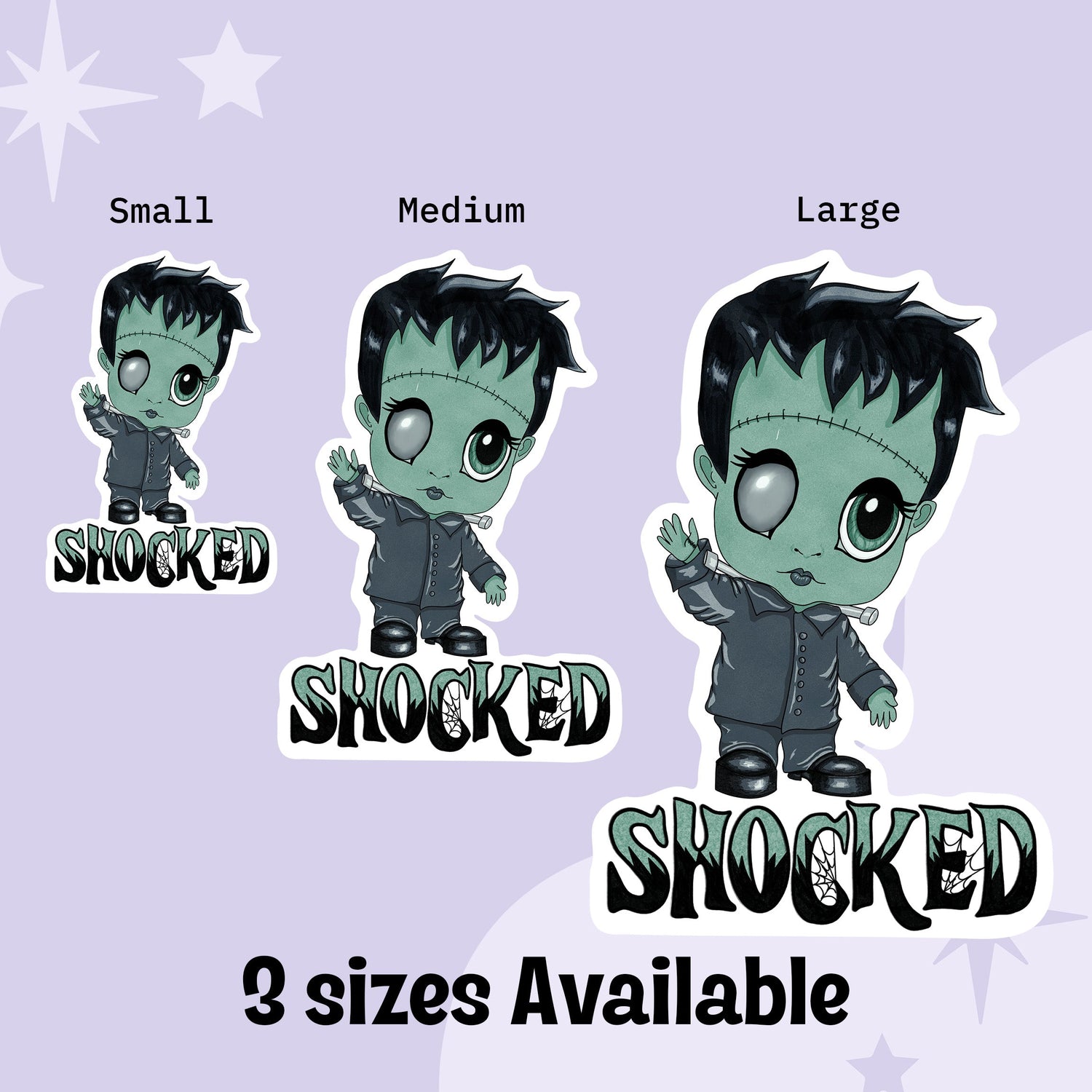 Chibi Frankenstein sticker shown in small, medium, and large sizes on a lavender starry background