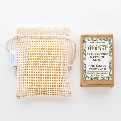 Frankincense and Myrrh Soap 4.5oz Lifestyle Indoor Soap in Bag Texture