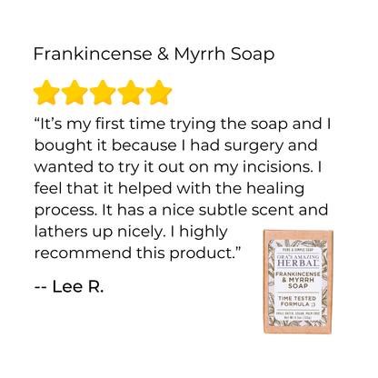 Review for Frankincense &amp; Myrrh Soap with a five-star rating and customer testimonial.