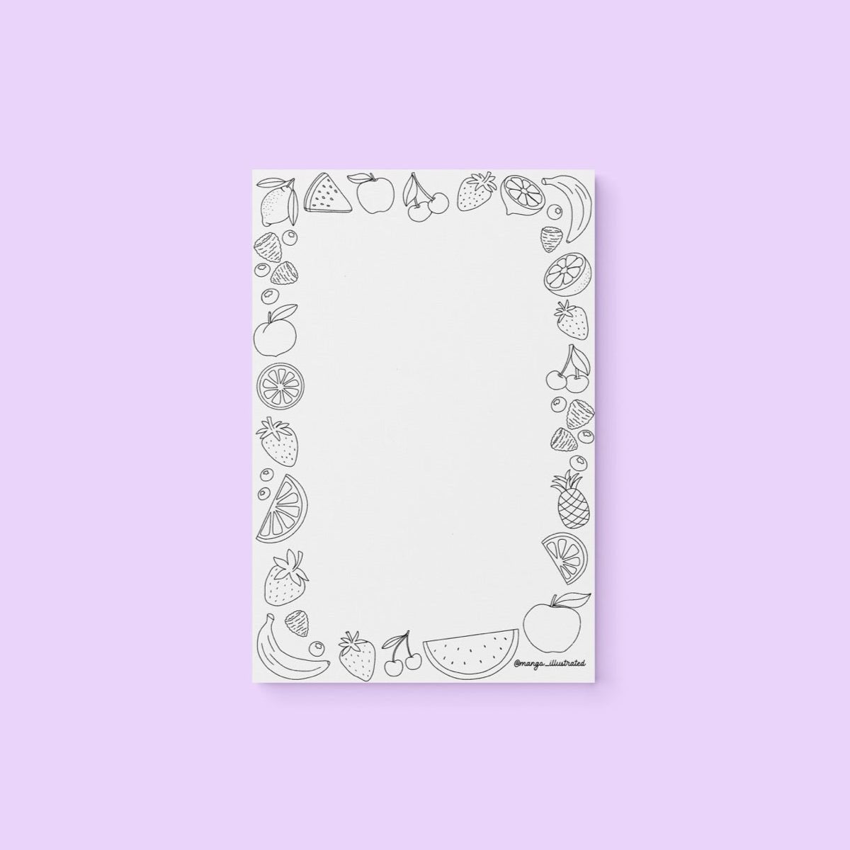 Fruit doodles color-in notepad — hand drawn watermelon, banana and citrus doodle border, 8.5 x 5.5 inches, by MangoIllustrated