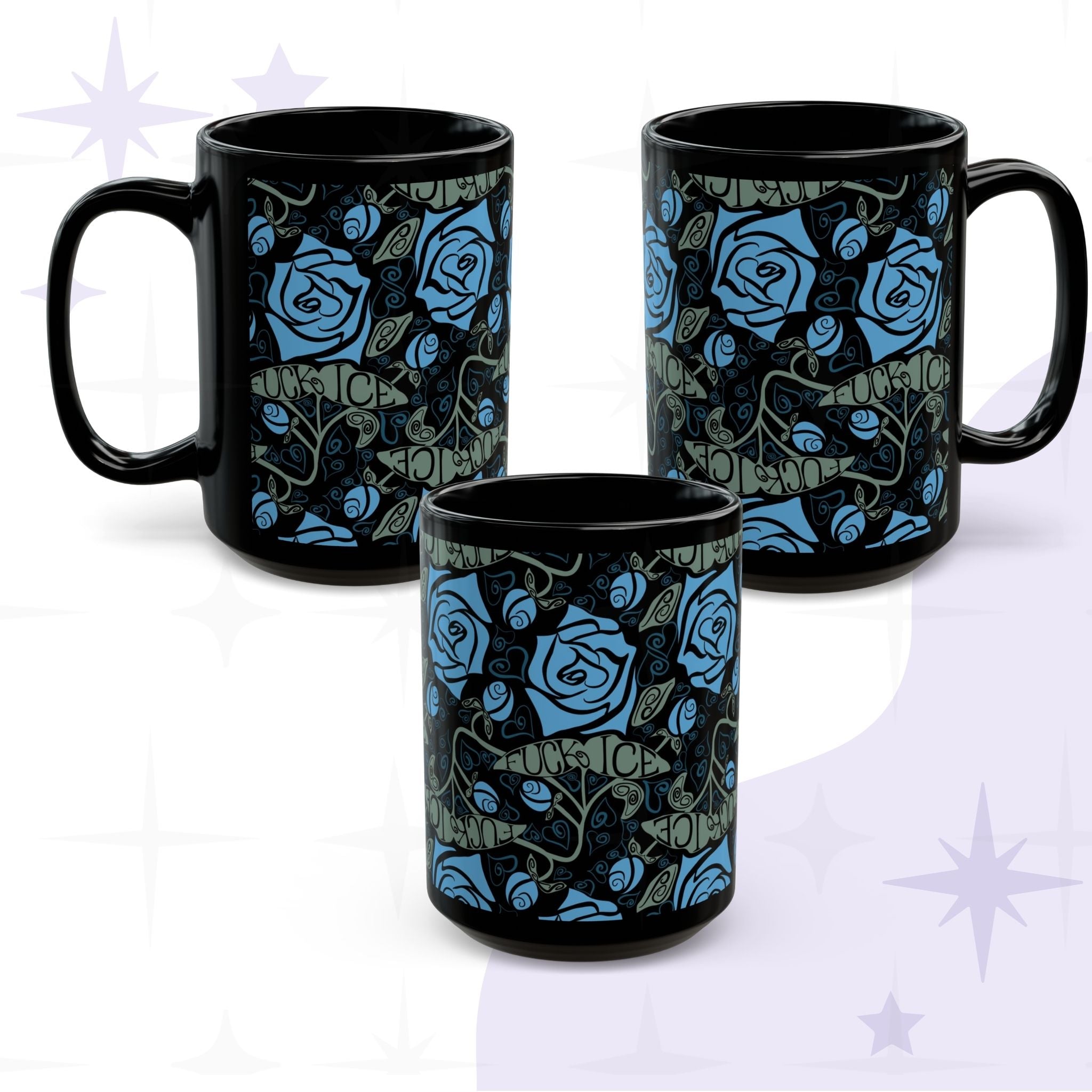 Three dark floral hidden message mugs grouped together showing full wrap-around cornflower blue rose and sage green leaf pattern with Fuck ICE hand lettering on glossy black ceramic