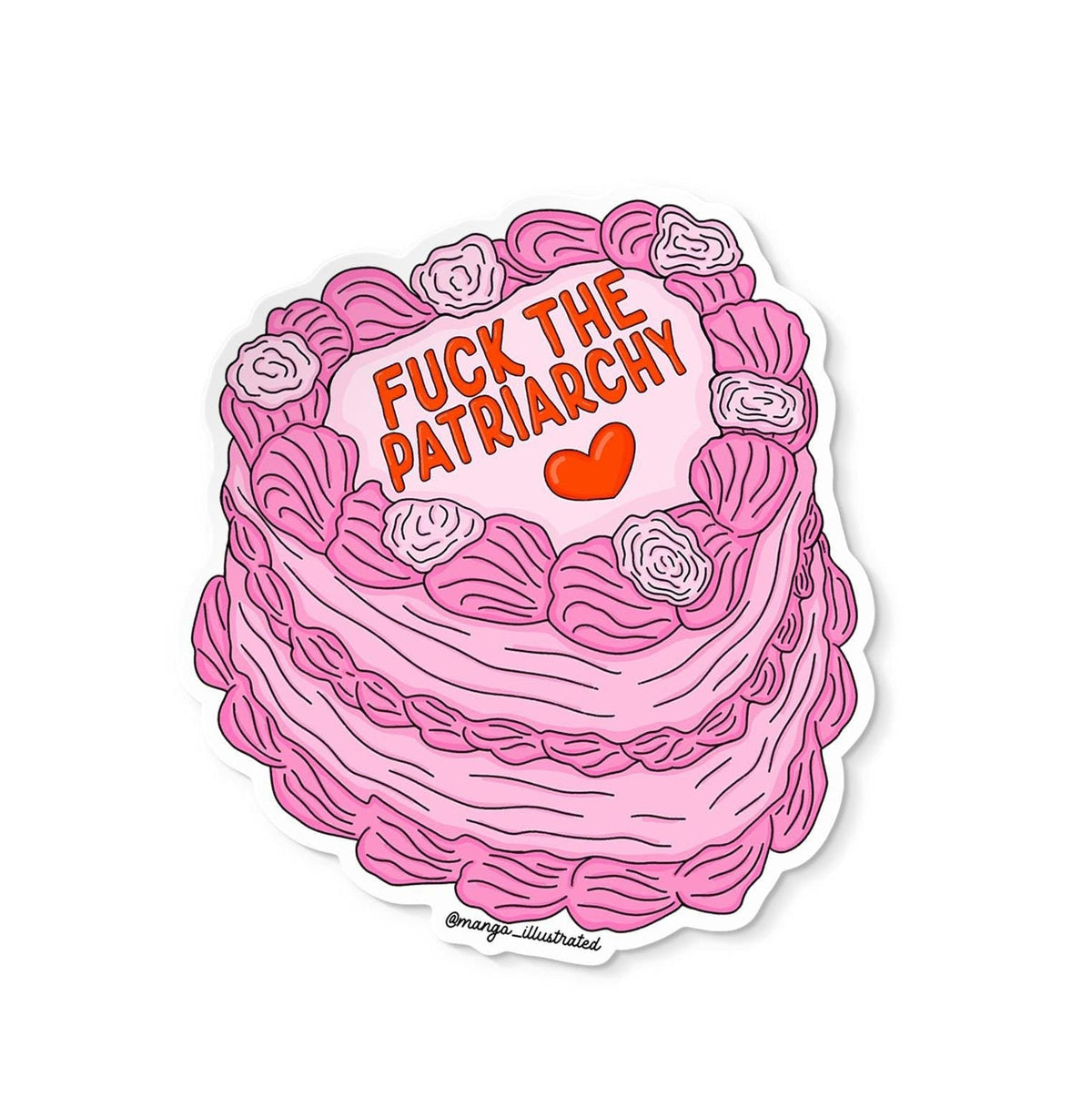 Fuck the patriarchy cake sticker flat lay — waterproof vinyl feminist laptop sticker by indie artist MangoIllustrated