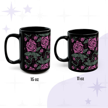 Side-by-side size comparison of feminist coffee mug in 15oz and 11oz; fuchsia rose and sage foliage wrap-print with Fuck the Patriarchy hand lettering on glossy black ceramic